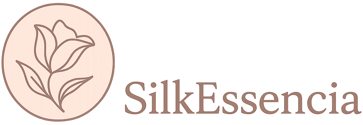 SilkEssencia Markenlogo mit zartem Blumenmotiv im Kreis und Schriftzug