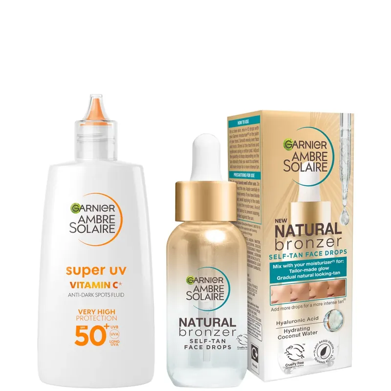 Garnier Glow and Protect Duo: Natural Bronzer Self-Tan Drops and Ambre Solaire Vitamin C Facial SPF50+ Fluid Zertifiziert