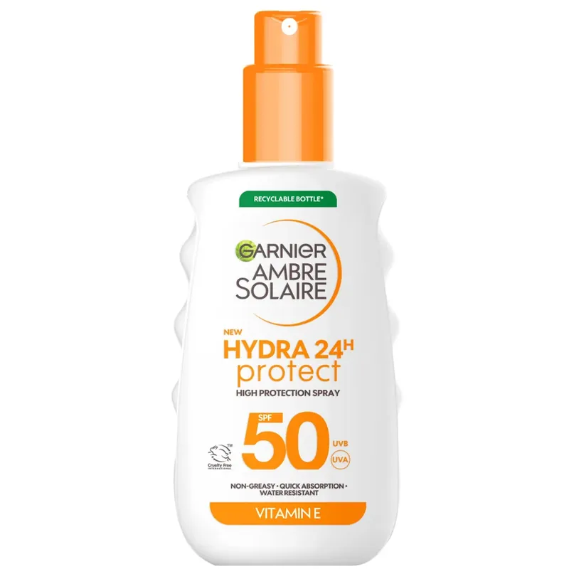 Garnier Ambre Solaire SPF 50 Hydra 24 Hour Protect High Protection UVB & UVA Hydrating Sun Cream Spray 150ml Weltweiter Versand
