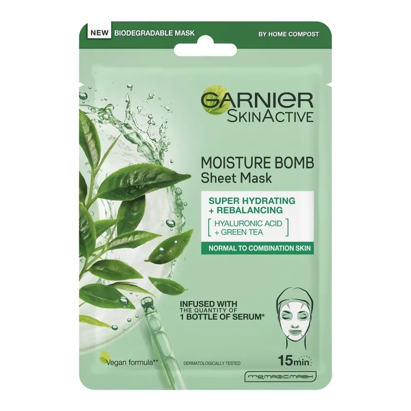 Markenprodukt Garnier Moisture Bomb Grüner Tee Feuchtigkeitsspendende Gesichtstuchmaske für Mischhaut 32 g