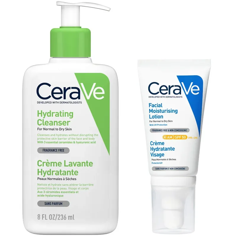 Wochenendangebot CeraVe Morning Face Routine for Dry Skin, Hydrating Cleanser and Moisturiser with SPF 50