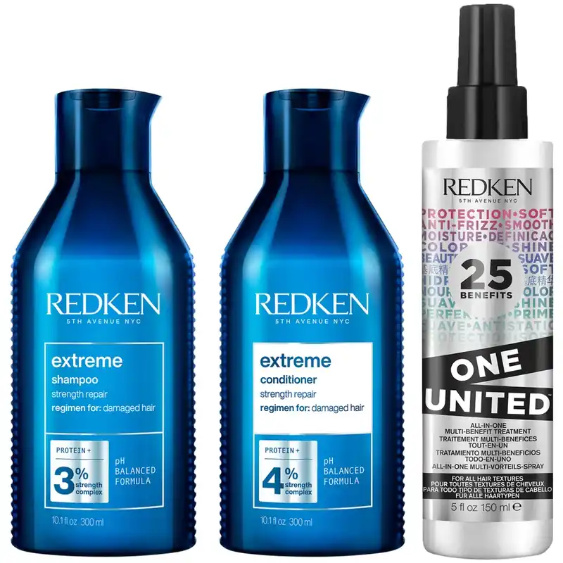 Redken Extreme Shampoo, Conditioner and One United Multi-Benefit Leave-in Treatment, Strength Repair Bundle for Damaged Hair Weltweiter Versand