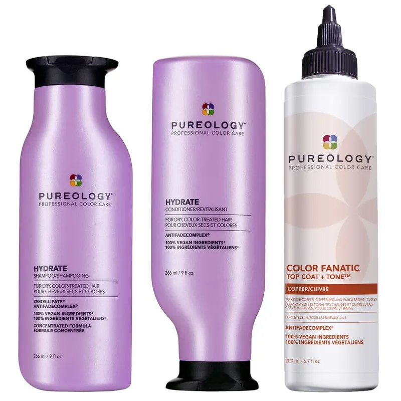 Pureology Hydrate Shampoo, Conditioner and Top Coat & Tone Routine for Neutralising and Hydrating Copper Hair Weltweiter Versand
